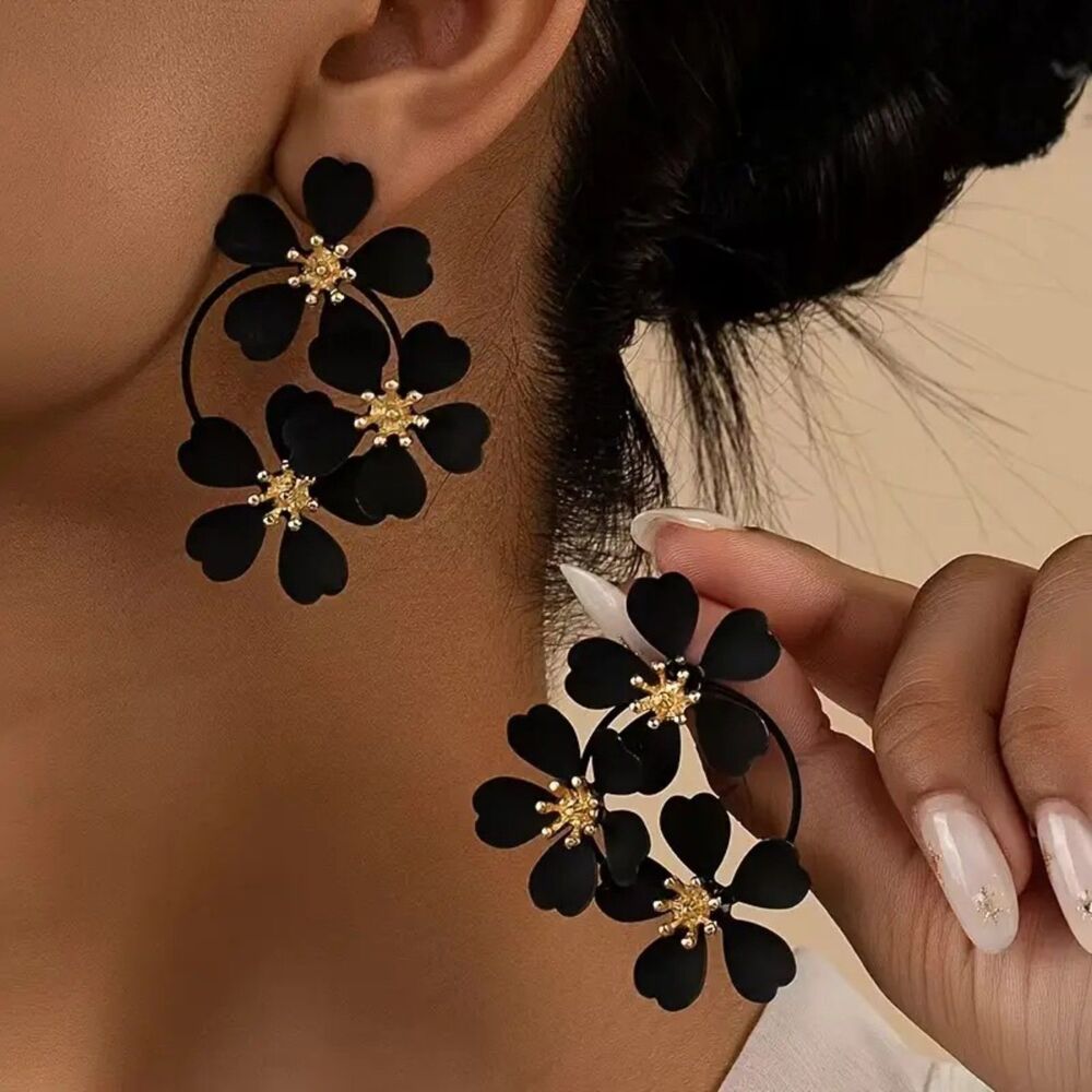 Black Floral Statement Earrings – Bold Gold-Accented Hoop Dangle Earrings